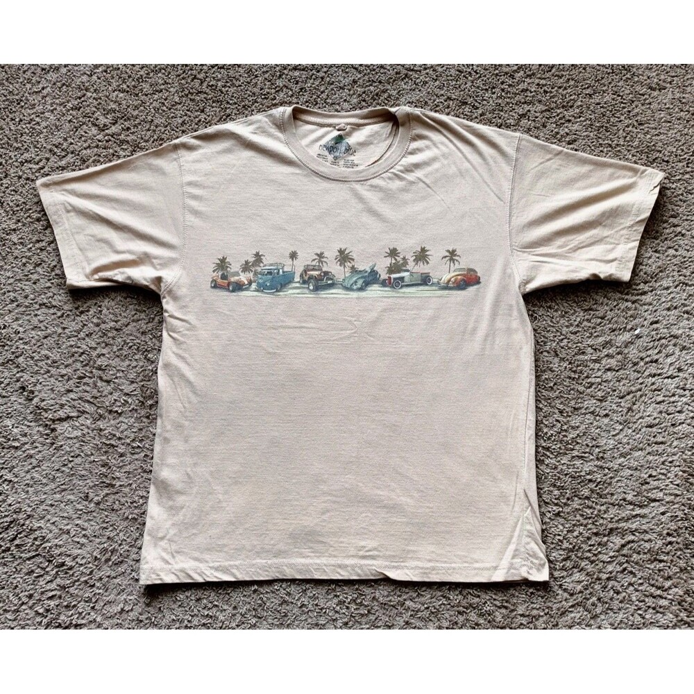 Newport Blue Classic Cars Graphic T-Shirt Men’s XL Tan Vintage Car Tee